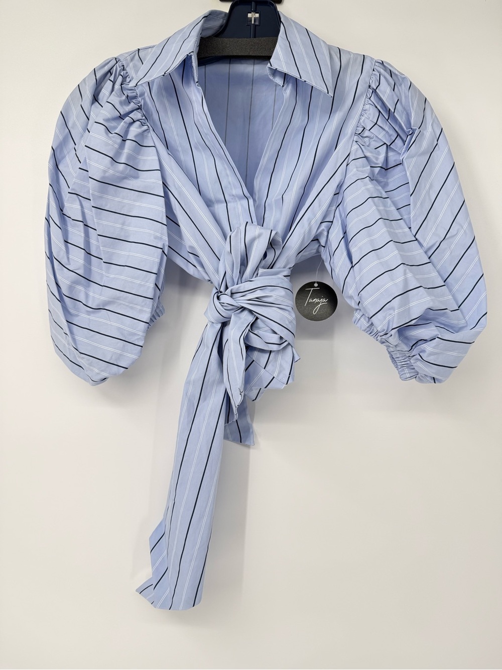Tie-Front Puff Sleeve Crop Top - Light Blue Stripe Size S